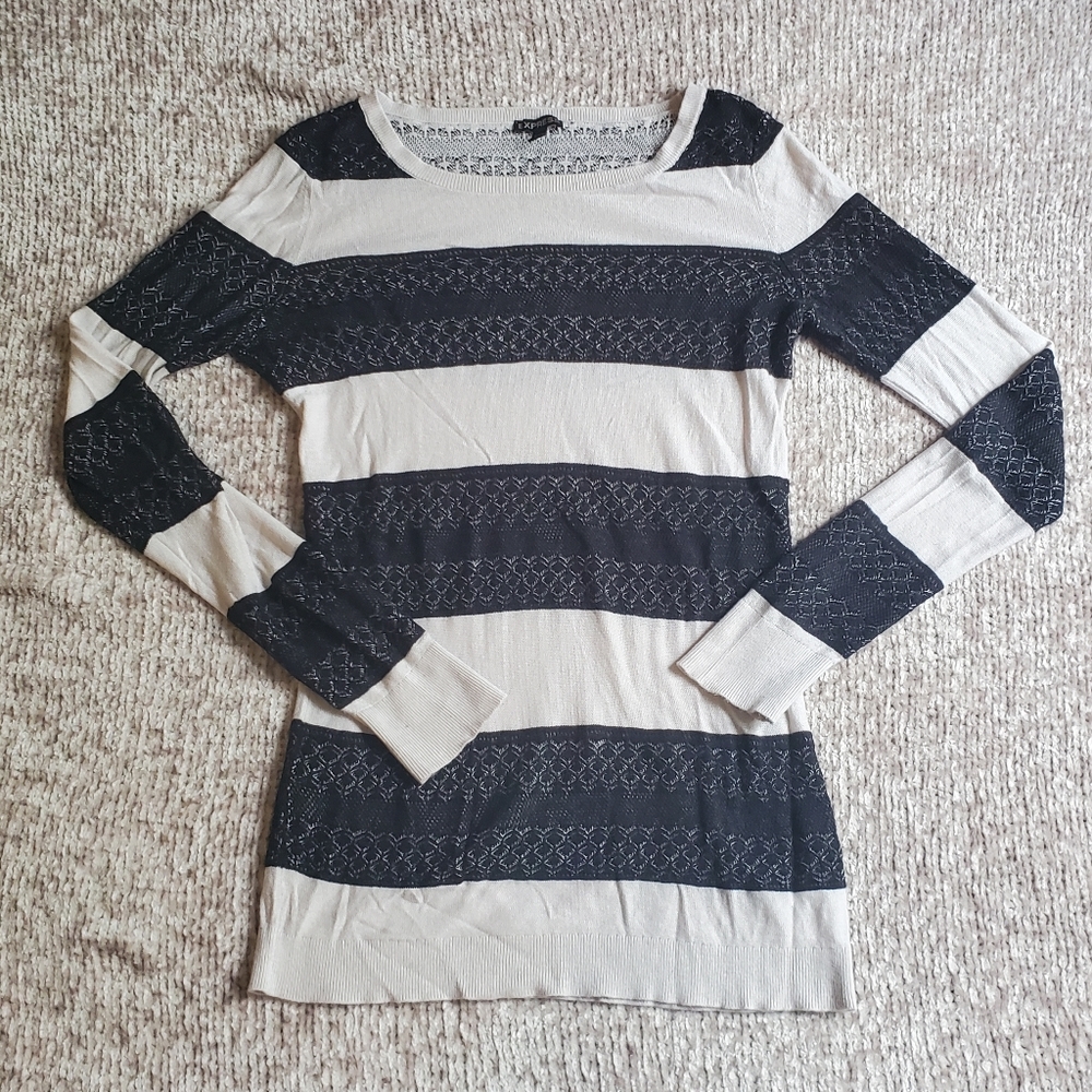 Express Striped Cream and Black Lace Sweater